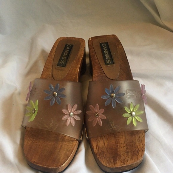 Candies Jelly Clog Clear Wooden Slide Sandal VTG Floral Chunky Womens Size 6 - Picture 8 of 8